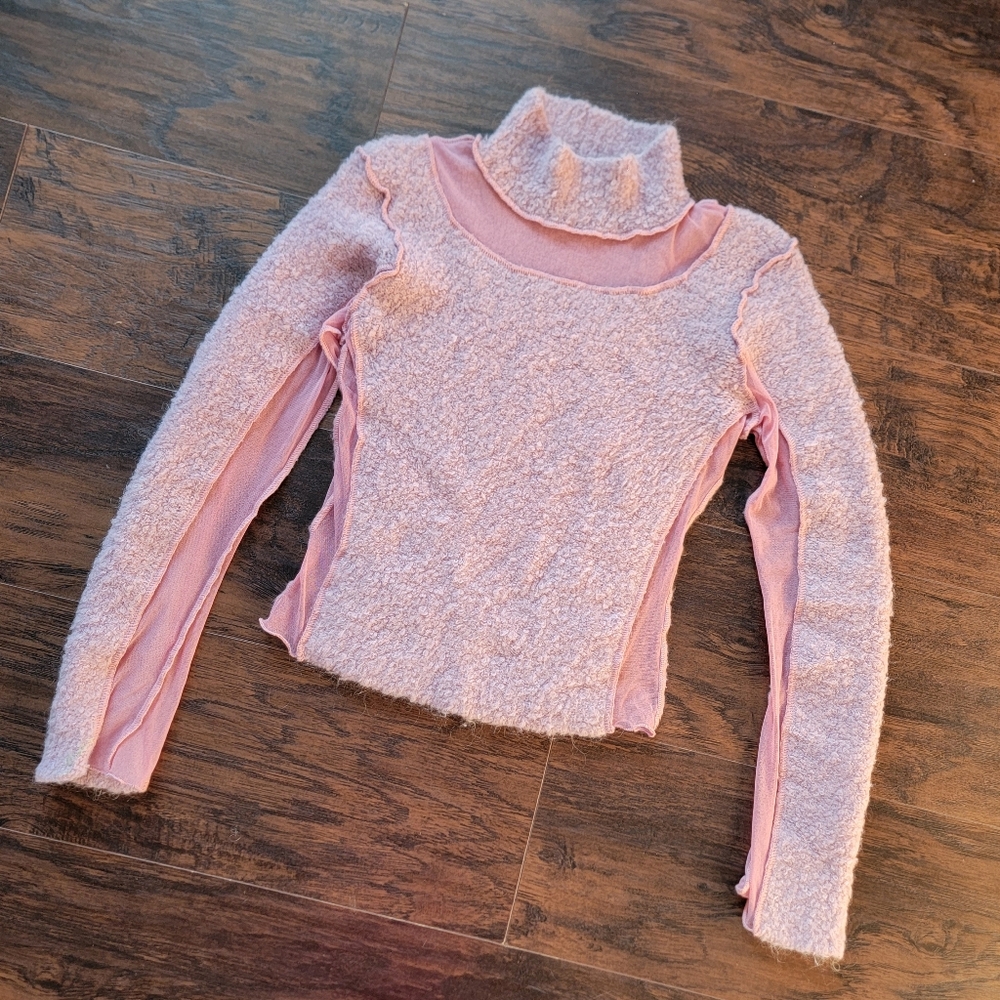 vintage y2k pink mesh boucle wool crop top mock turtleneck high rave cyber tphs
